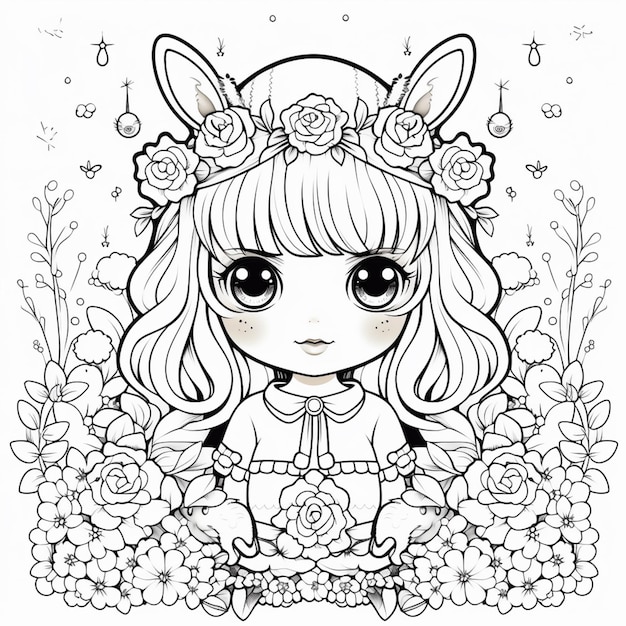 Ein Malbild eines Mädchens mit Kaninchenohren und Blumen