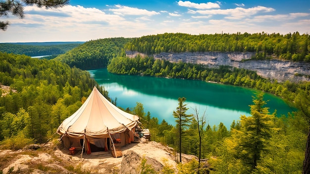 Ein malerischer Blick auf ein luxuriöses Glamping-Zelt auf einer Klippe mit Blick auf einen ruhigen türkisfarbenen See in einem grünen Wald