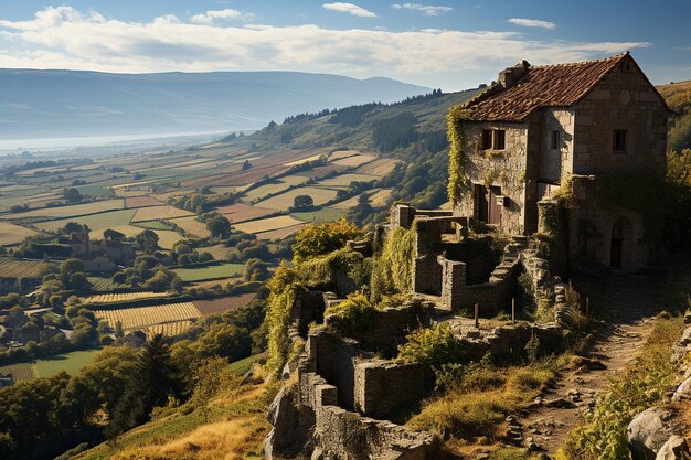 Foto ein malerischer blick auf ein mittelalterliches schloss, das auf einem hügel mit blick auf die landschaft angesiedelt ist