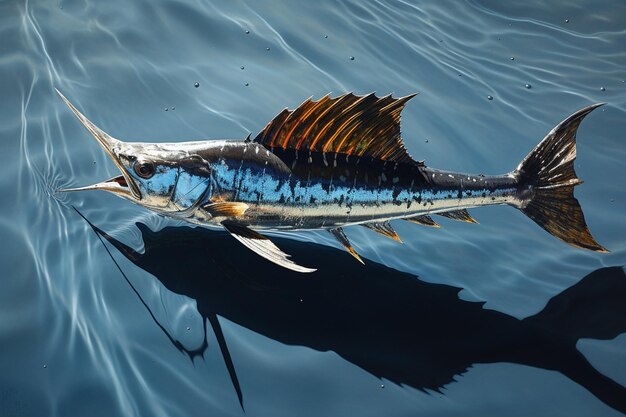 Ein malerischer Blick auf einen Schwertfisch auf blauem Hintergrund