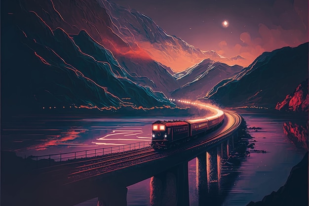 Ein malerischer Blick auf einen Zug, der ein Tal über einen Fluss überquert, mit leuchtenden Scheinwerfern bei Nacht. Fantasy-Konzept. Illustrationsmalerei. Generative KI