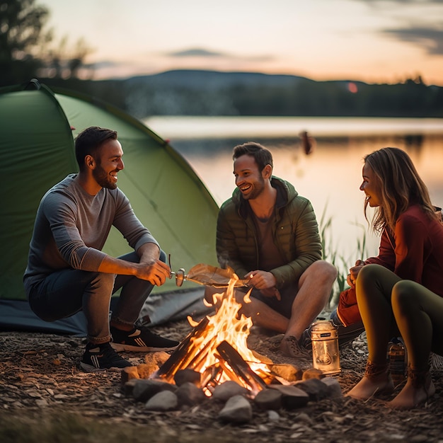 Ein malerischer Campingplatz in der Natur mit Zelten und Lagerfeuer, professionelle Fotografie