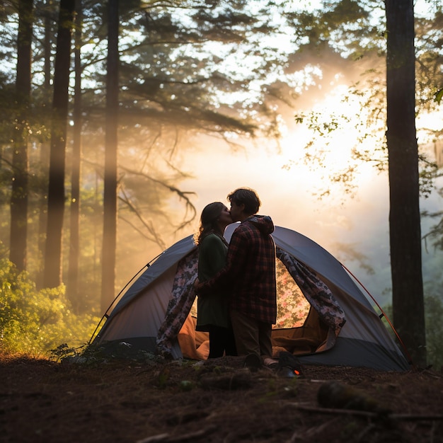 Ein malerischer Campingplatz in der Natur mit Zelten und Lagerfeuer, professionelle Fotografie