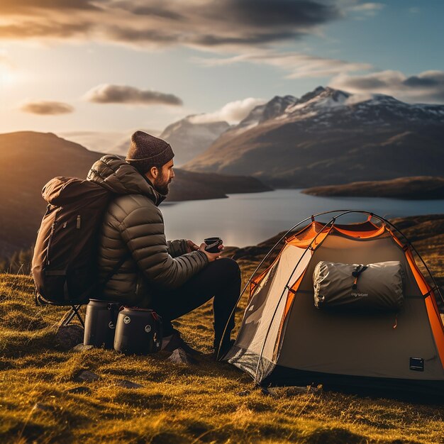 Ein malerischer Campingplatz in der Natur mit Zelten und Lagerfeuer, professionelle Fotografie