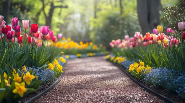 Ein malerischer Gartenpfad, geschmückt mit bunten Tulpen und Narzissen, ideal für einen Osterspaziergang