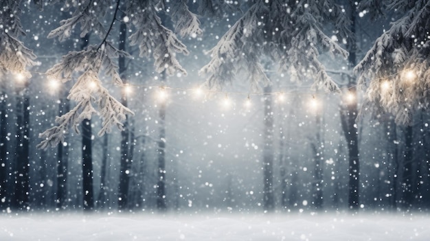 Ein malerischer schneebedeckter Wald, der von wunderschönen Lichtern beleuchtet wird