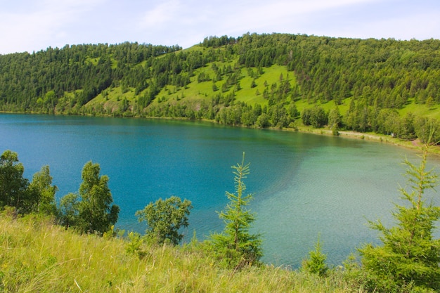 Ein malerischer See, umgeben von Bergen mit grünem Gras und Bäumen