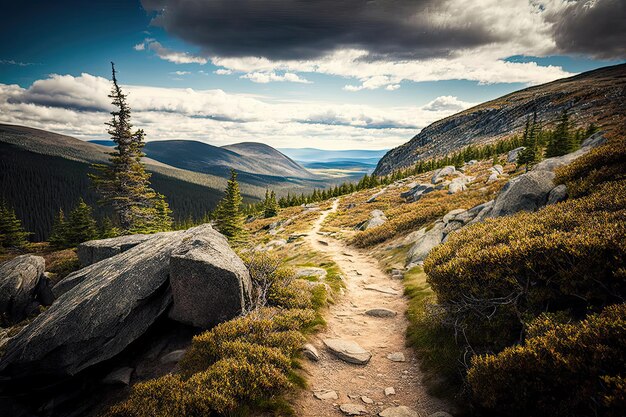 Ein malerischer Wanderweg mit atemberaubendem Blick auf die Natur Abenteuer Outdoor-Aktivität Fitness Frischluft körperliche Aktivität Ruhe Entspannung Flucht aus der Stadt Naturschönheit Generative KI