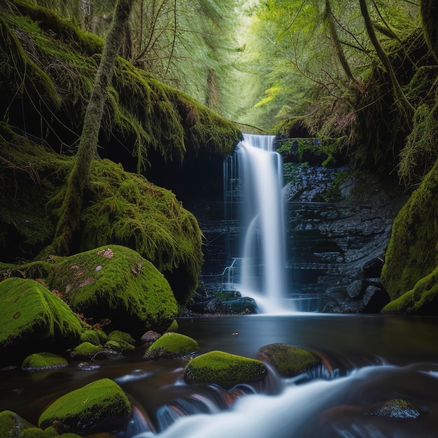 Ein malerischer Wasserfall in einem Mooswald