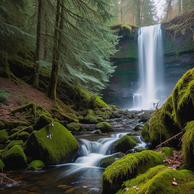 Ein malerischer Wasserfall in einem Mooswald