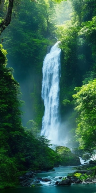 Ein malerischer Wasserfall inmitten eines leuchtend grünen Waldes