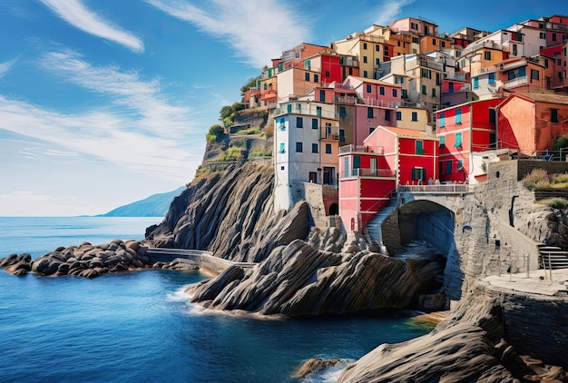 ein malerisches kleines Dorf an der südlichen Spitze von Cinque Terre im Stil der bunten Fantasie