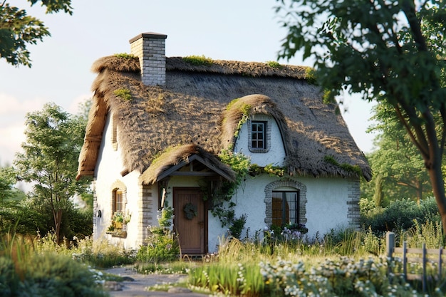 Foto ein malerisches landhaus mit einem strohdach