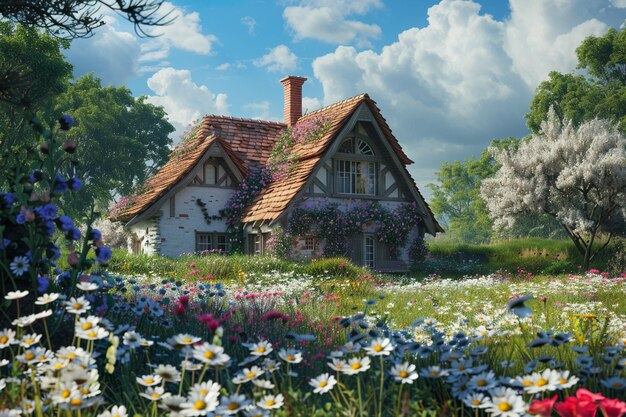 Ein malerisches Landhaus, umgeben von Blüten