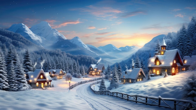 ein malerisches Winterdorf mit schneebedeckten Hütten, funkelnden Lichtern und einem zentralen Weihnachtsfest