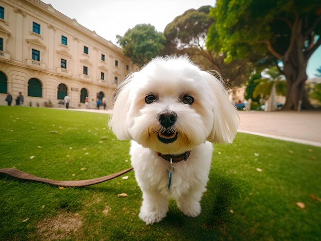 Ein maltesischer Hund vor einem Gebäude, auf dem „Peta“ steht