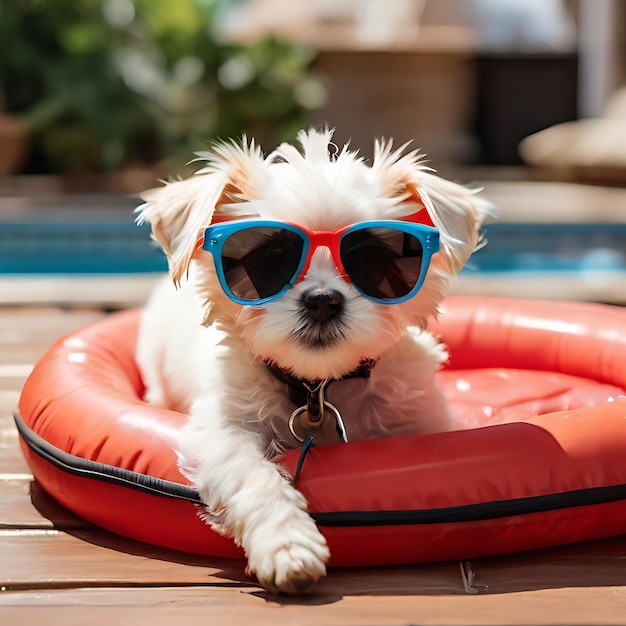 Ein maltesischer Welpe liegt mit einer Sonnenbrille auf dem Kopf auf einem aufblasbaren Bett im Pool.