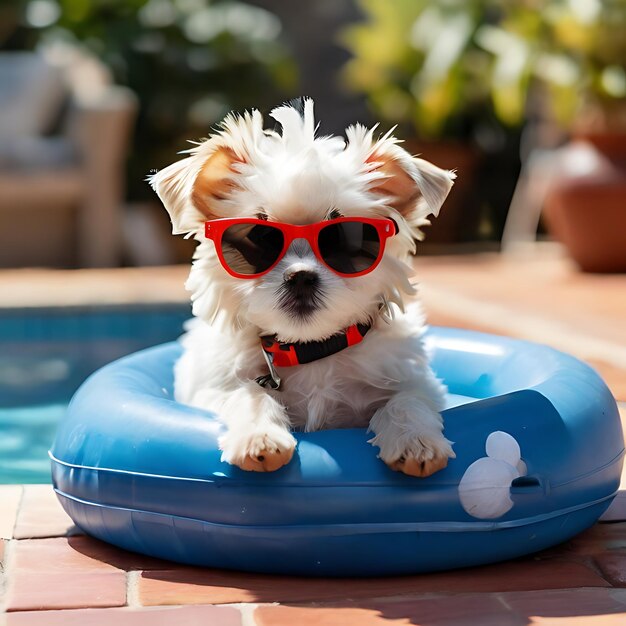 Ein maltesischer Welpe liegt mit einer Sonnenbrille auf dem Kopf auf einem aufblasbaren Bett im Pool.
