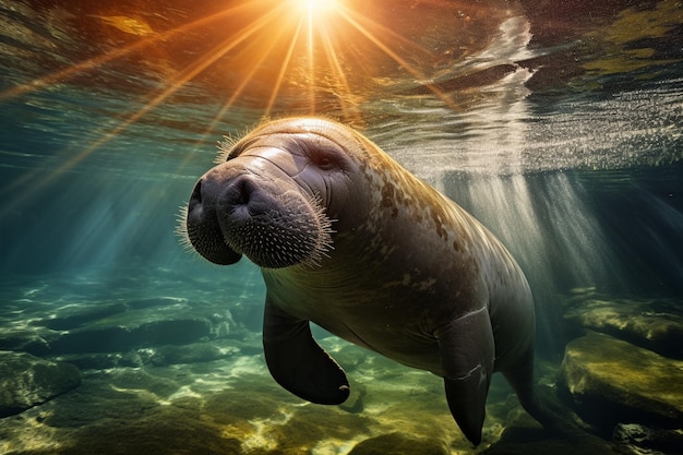 Ein Manatee schwimmt im Wasser, während die Sonne auf ihm scheint