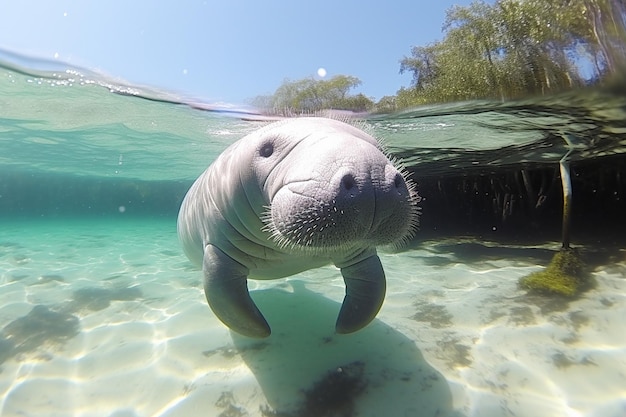 Ein Manatee schwimmt im Wasser, während die Sonne auf ihm scheint