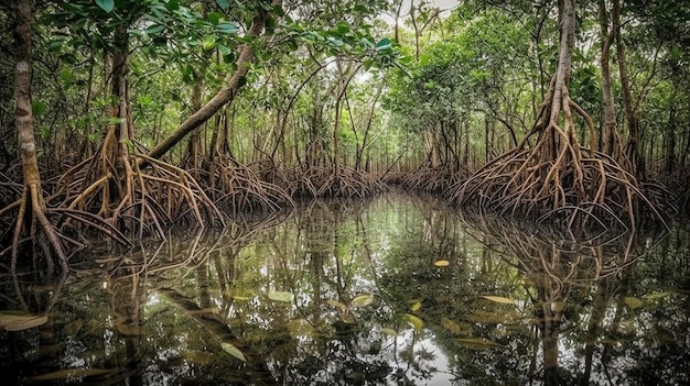 Ein Mangrovenwald mit Bäumen und Wasser im Hintergrund