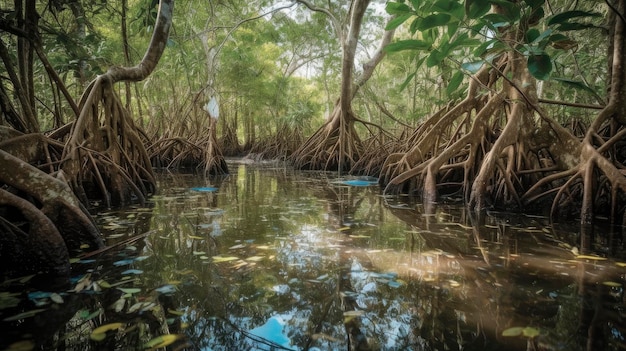 Ein Mangrovenwald mit Bäumen und Wasser im Vordergrund