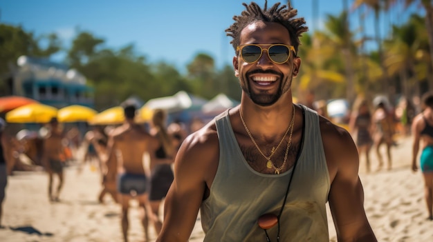 Ein Mann am Strand trägt eine Sonnenbrille und ein gelbes Tanktop mit Sonnenbrillen