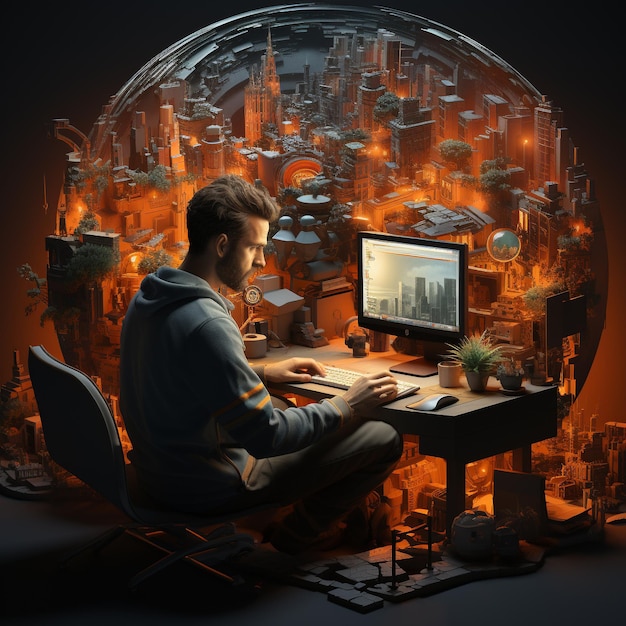 Ein Mann an seinem Computertisch, der verschiedene berufliche Tätigkeiten ausführt