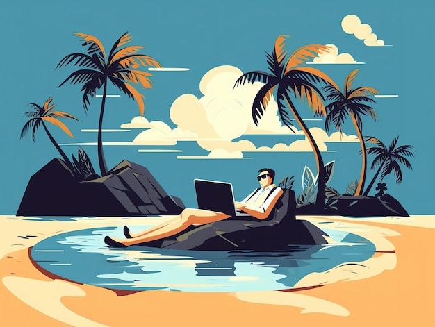 Ein Mann arbeitet am Strand an einem Laptop.