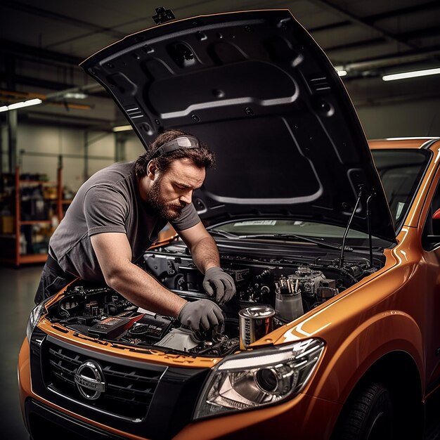 Ein Mann arbeitet an einem Auto mit geöffneter Motorhaube.