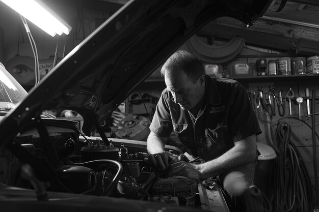 Foto ein mann arbeitet an einem auto-motor in einer garage