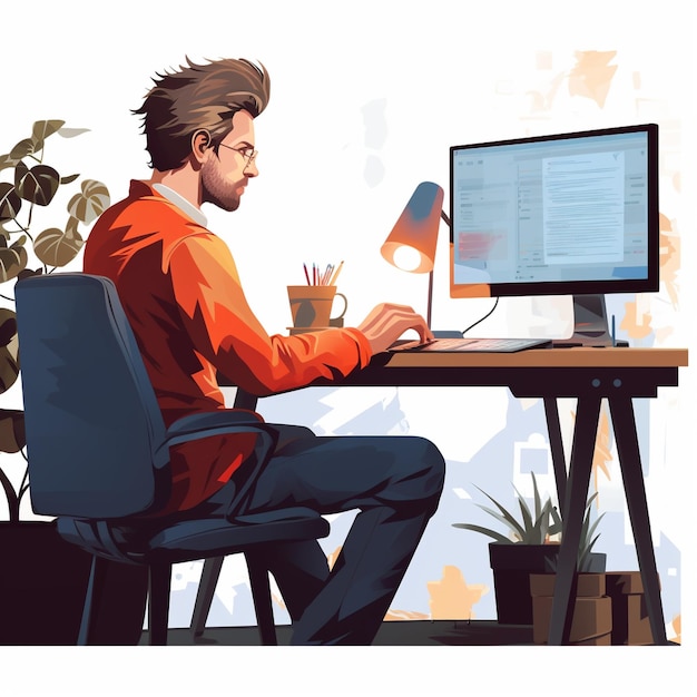 Ein Mann arbeitet an einem Computer, im Hintergrund steht eine Kaffeetasse.