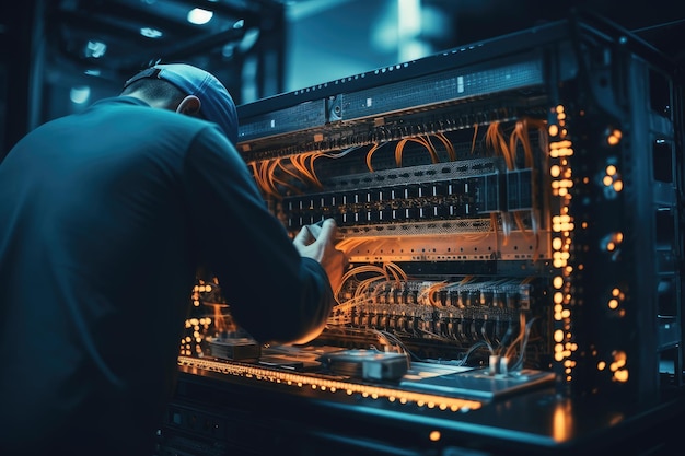 Ein Mann arbeitet an einem Computer inmitten von Racks von Servern in einem belebten Serverraum Porträt einer lächelnden Technikerin im Serverraum AI generiert