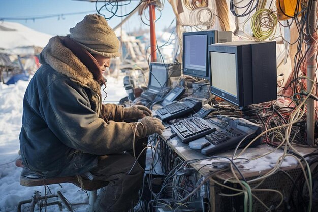 Ein Mann arbeitet an einem Computer mit dem Wort „ auf dem Bildschirm.