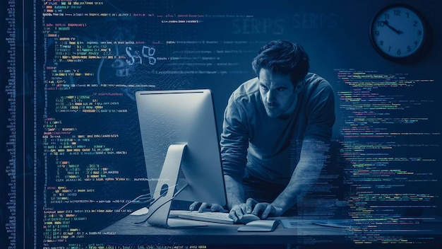 ein Mann arbeitet an einem Computer mit einem Computer im Hintergrund