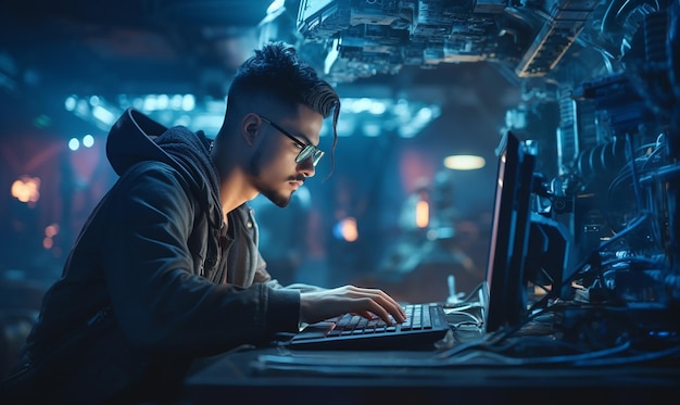 ein Mann arbeitet an einem Computer mit einem Laptop vor ihm.