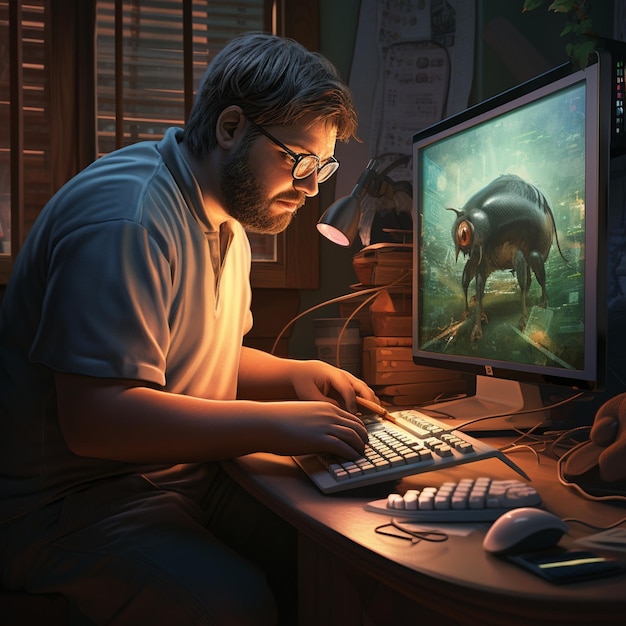Ein Mann arbeitet an einem Computer mit einem Monitor, auf dem Nilpferd steht.