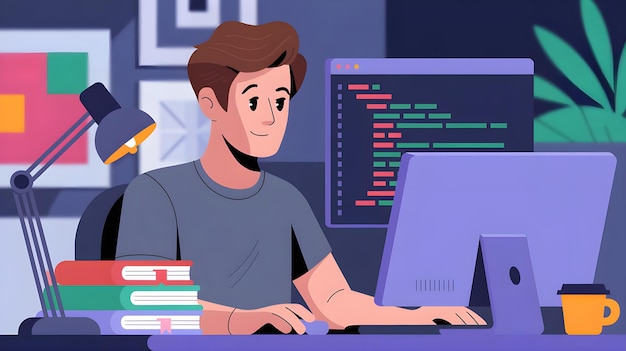 ein Mann arbeitet an einem Computer mit einem Stapel Bücher und einem Computer