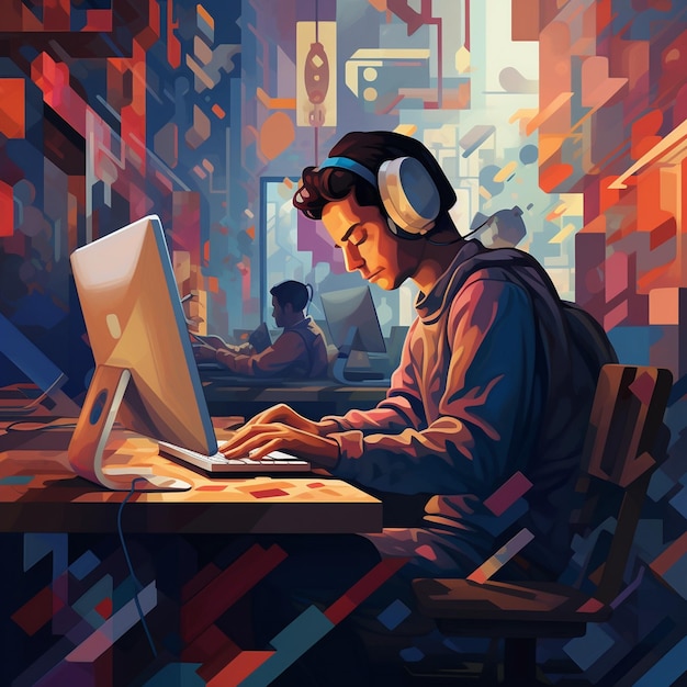Ein Mann arbeitet an einem Computer und hat Kopfhörer auf dem Kopf.