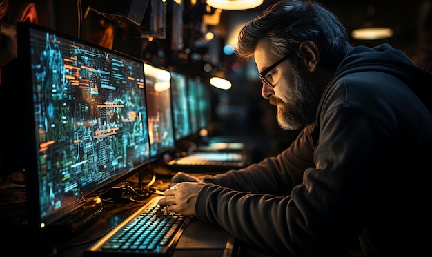 Ein Mann arbeitet an einem Computertisch