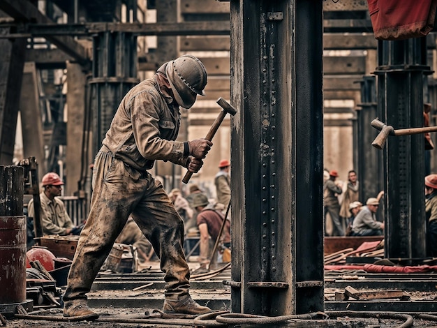 ein Mann arbeitet an einem Gebäude und schlägt eine Metallsäule