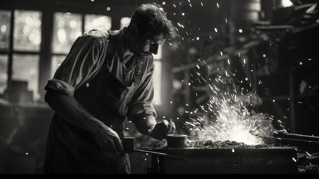 Foto ein mann arbeitet an einem metallwerkzeug mit einem hammer in der hand