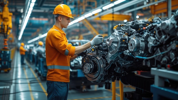 Ein Mann arbeitet an einem Motor in einer Fabrik AIG41