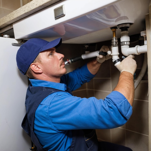 ein Mann arbeitet an einem Rohr unter einem Waschbecken