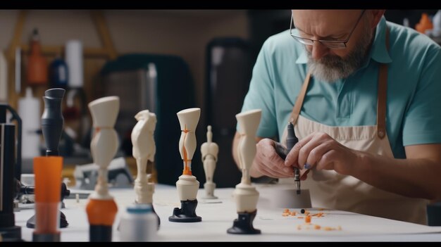 Ein Mann arbeitet an einem Stück Holz mit einem schwarzen Rahmen, auf dem „Handwerker“ steht.