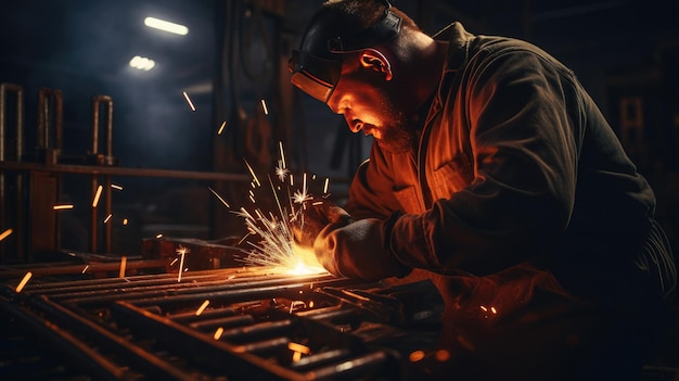 ein Mann arbeitet an einer Metallstange mit Funken, die in der Luft fliegen.