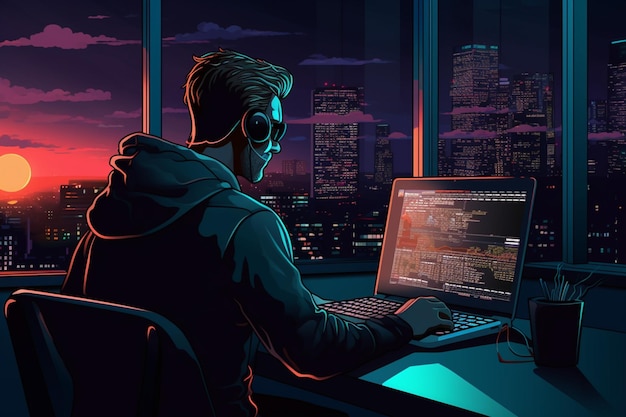 Ein Mann arbeitet bei Sonnenuntergang an einem Computer mit der Stadt im Hintergrund