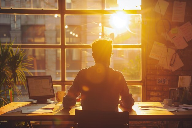 Ein Mann arbeitet bei Sonnenuntergang im Büro