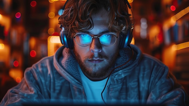Ein Mann arbeitet mit einem Laptop in einem dunklen Raum mit Neonlichtern, ein Hacker oder ein Videospieler mit Kopfhörern und Brille, der sich in einem dunkeln Raum an einem Laptops aufstellt, Computerunterhaltung