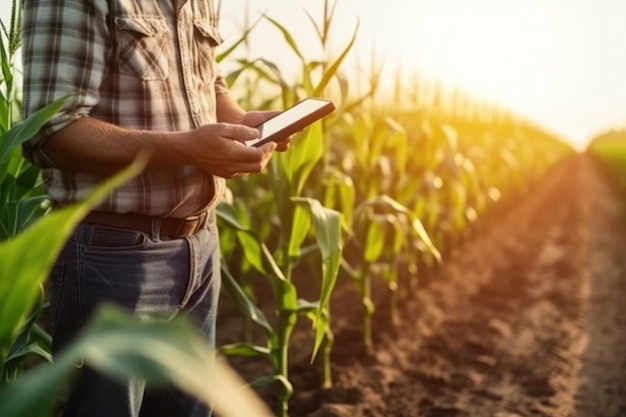 Ein Mann arbeitet mit einem Tablet, um die Planungsanalyse zu untersuchen, nachdem er auf einem Feld generative KI gepflanzt hat